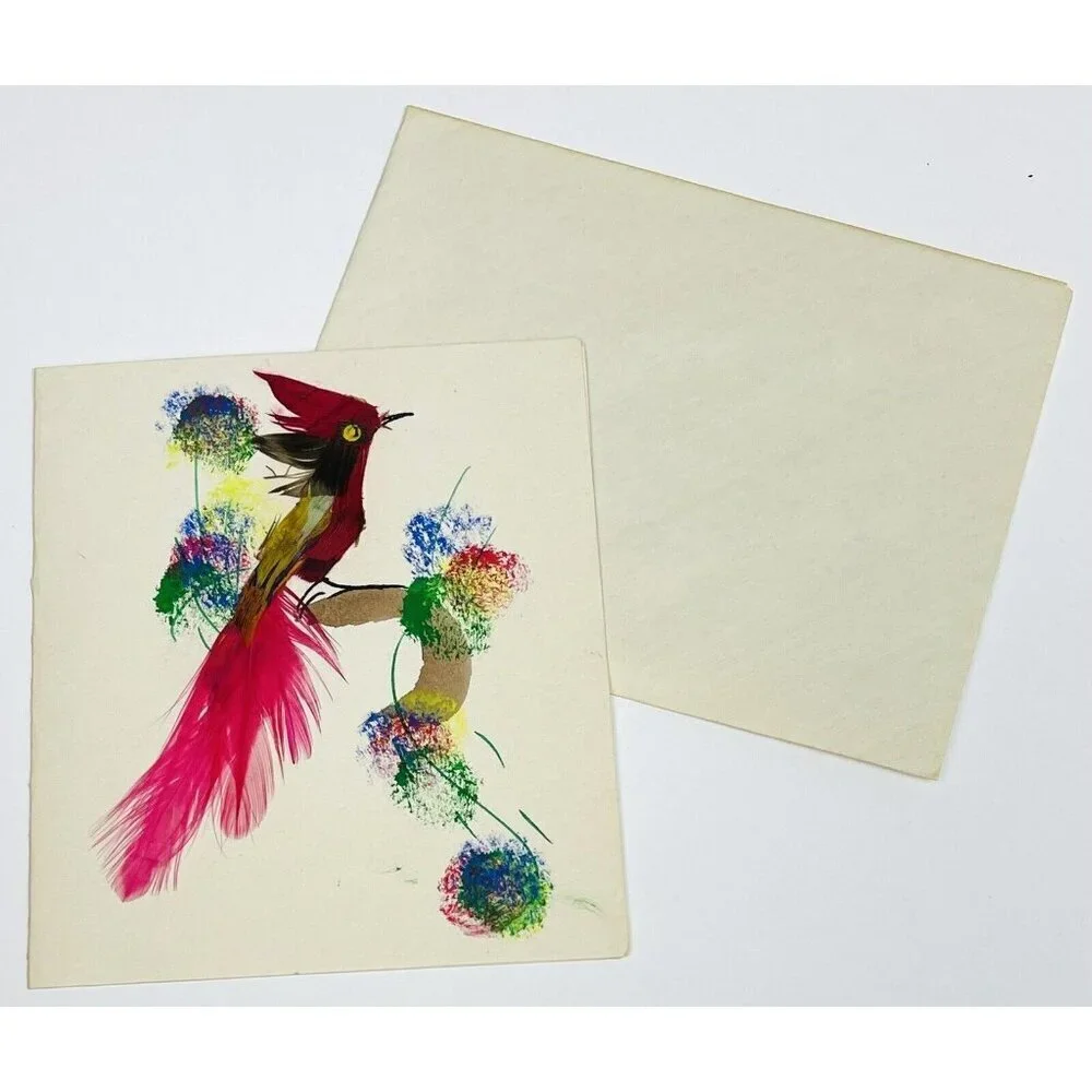 VTG 1950s FOLK ART Notecard & Envelope BIRD w/ Real Feathers HANDMADE in Mexico
